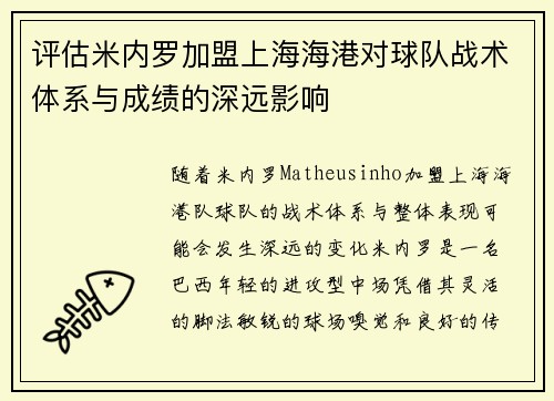 评估米内罗加盟上海海港对球队战术体系与成绩的深远影响 评估米内罗加盟上海海港对球队战术体系与成绩的深远影响
