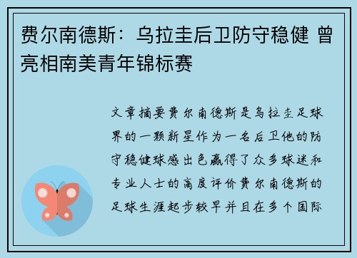 费尔南德斯：乌拉圭后卫防守稳健 曾亮相南美青年锦标赛